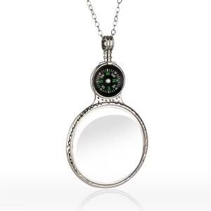 10X Compass Round Magnifying Glass Necklace Antique Silver Retro Lens Pendant